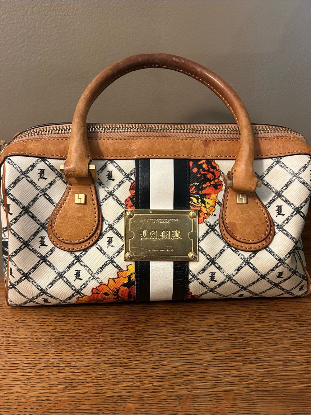 L.A.M.B. Cream Marigold Satchel with Tan Handles and Black-White Stripe